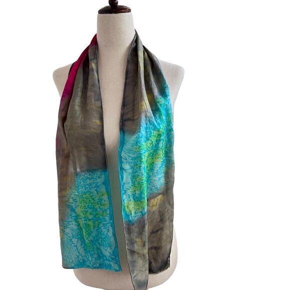 Hand Dyed Silk Long Scarf Aqua Green Pink Gray - Picture 2 of 3